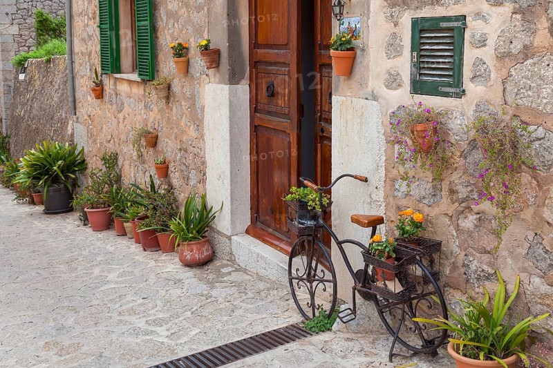Various decorations on a house, mountain village Valldemossa, Majorca, Balearic Islands, Spain, Europe