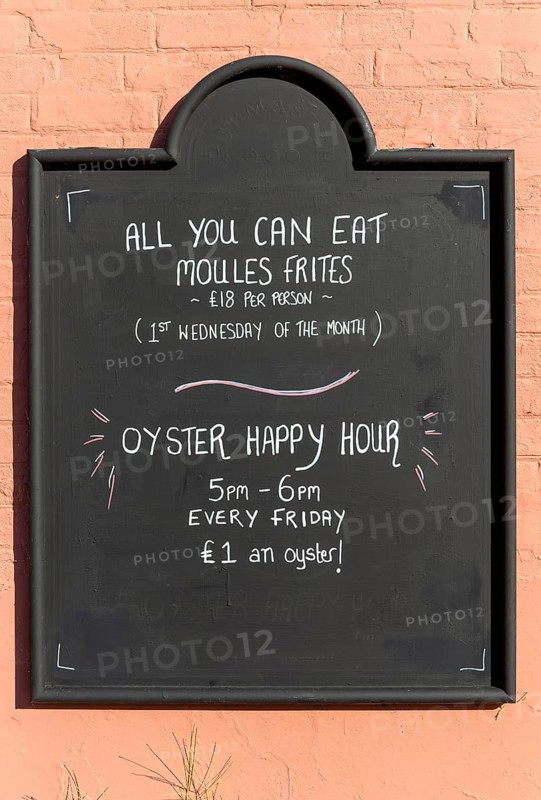 All You Can Eat Moules Frites, Oyster Happy Hour, pub blackboard food offer, England, UK