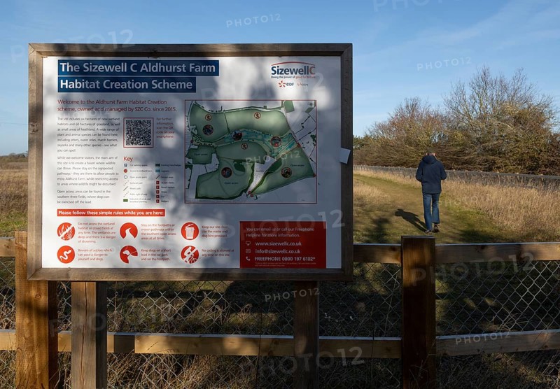 Information sign Sizewell C Consortium habitat creation project, Aldhurst Farm, Leiston, Suffolk, England, UK, EDF Energy