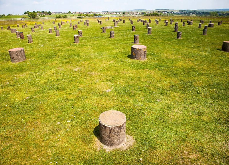 Concrete markers identify positions of the original wooden posts at the neolithic Woodhenge site, Amesbury, Wiltshire, England, UK