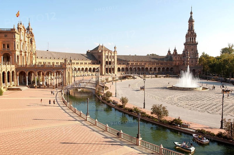 The Plaza de España, Seville, Spain built for the Ibero-American Exposition of 1929. It is a landmark example of the Renaissance Revival style in Spanish architecture