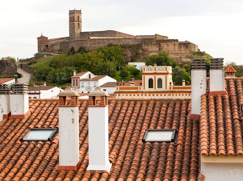 Tower and Moorish mosque above the village of Almonaster La Real, Sierra de Aracena, Huelva province, Spain, Europe