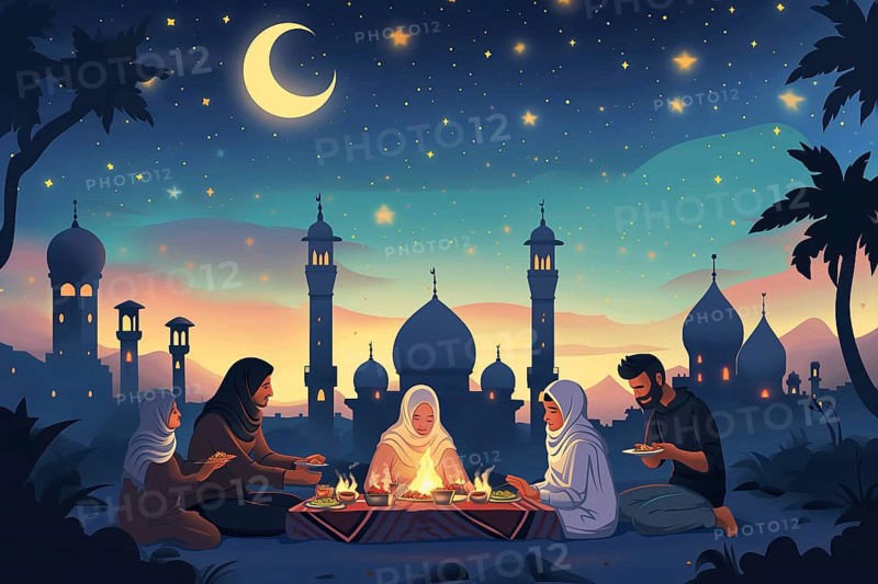 Essence of Ramadan, featuring people gathered and eating near a mosque under a starry night sky, illuminated by the crescent moon, AI generated