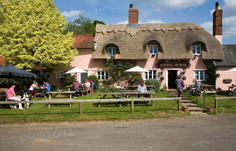 People sitting outside the Sorrel Horse thatched village pub, Shottisham, Suffolk, England, United Kingdom, Europe