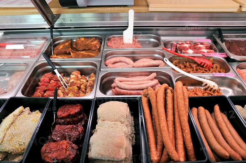 Variety of fine meat products in the butchery (Variety of fine meat products in the butchery)