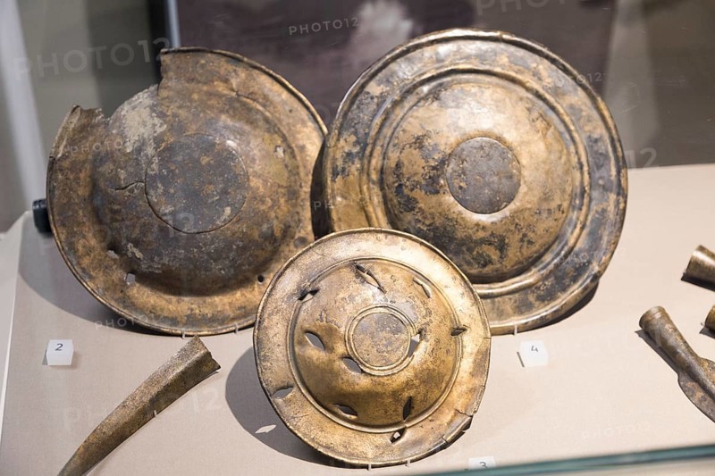 Three bronze phalarae found in the River Avon in Melksham, part of the Melksham Hoard. With permission of Wiltshire Museum, Devizes, England, UK