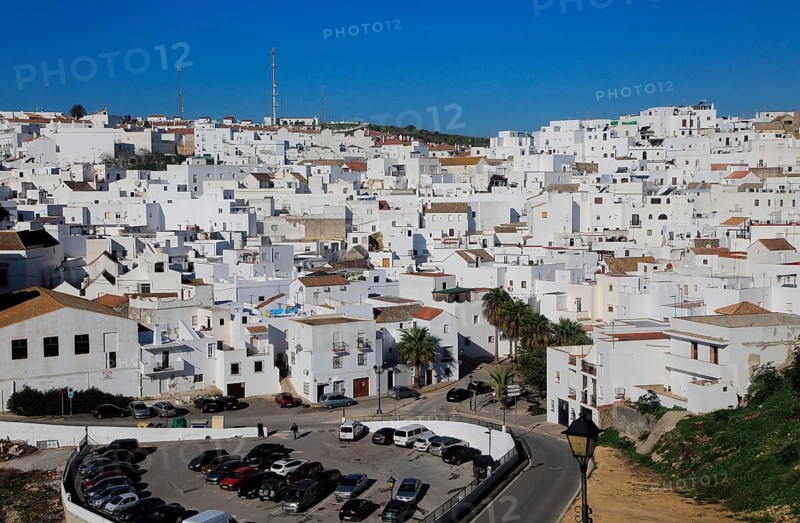 Pueblo blanco historic village whitewashed houses on hillside, Vejer de la Frontera, Cadiz Province, Spain, Europe