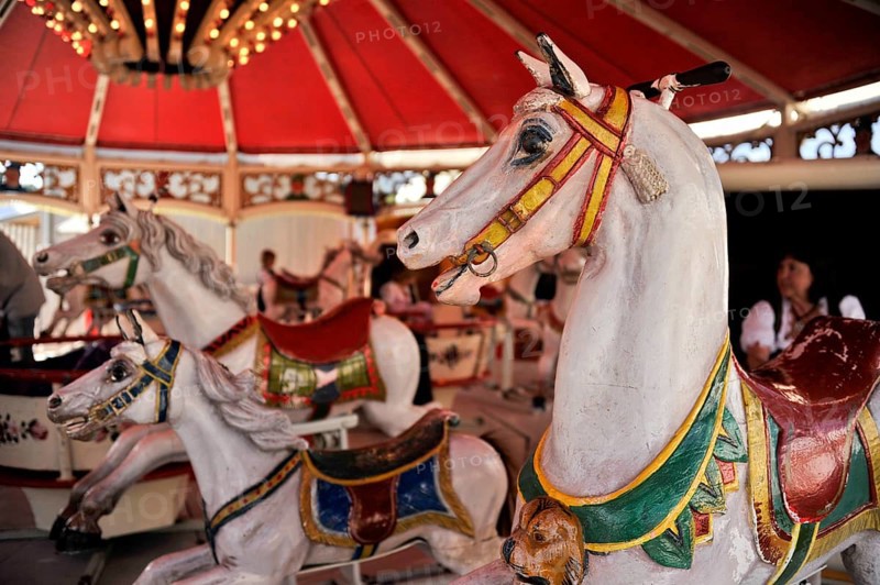 Animal figure, wooden horse, wooden horse in carousel, old, historic Oktoberfest, Oktoberfest, Munich, Upper Bavaria, Bavaria, Germany, Europe