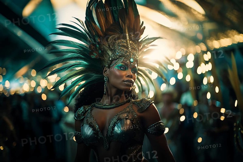 Captivating image capturing the essence of the Rio Carnival, showcasing a dancer adorned in an elaborate, vibrant costume, embodying the spirit and energy of this iconic festival, AI generated