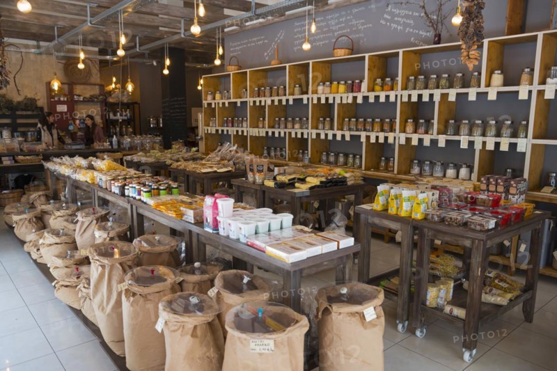 Interior view of a grocery shop with shelves full of organised products, Kalamata, Messinia, Peloponnese, Greece, Europe