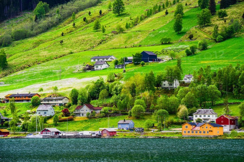 Mountains and Fjord over Norwegian Village, Olden, Innvikfjorden, Norway, Europe