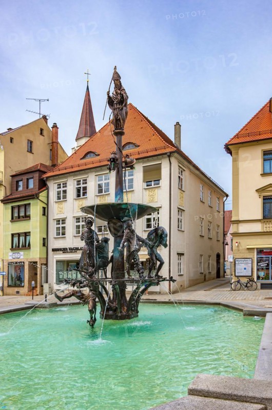 Theodulbrunnen fountain on the market square in Ehingen (Danube), Baden-Württemberg, Germany, Europe