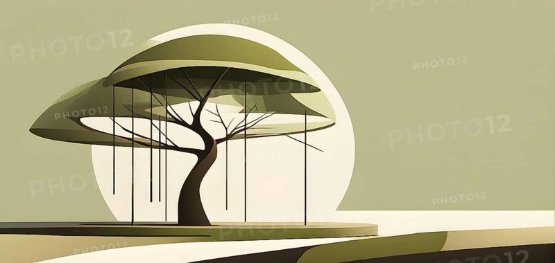 Abstract geometric tree with a circular canopy and a rectangular trunk, arranged in a clean, balanced design with a limited color palette of olive green, deep brown, and ivory, AI generated