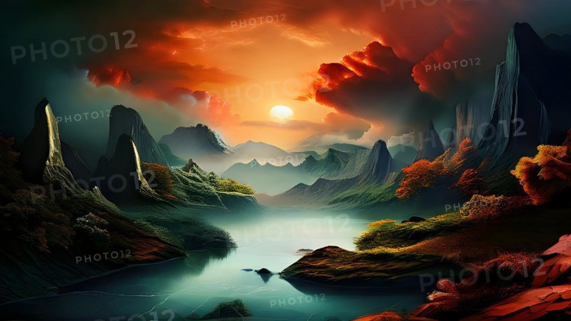 AI generated painting of a surreal landscape with mountains and a lake with digital brush strokes intertwining with watercolor
