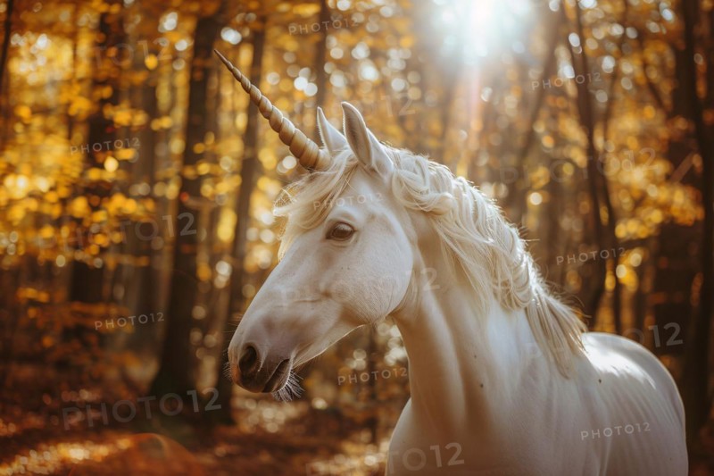 Beautiful white unicorn in autumn forest. KI generiert, generiert, AI generated