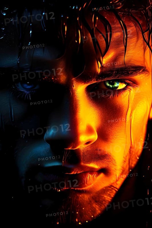Portrait of a male in orange neon light, AI generated