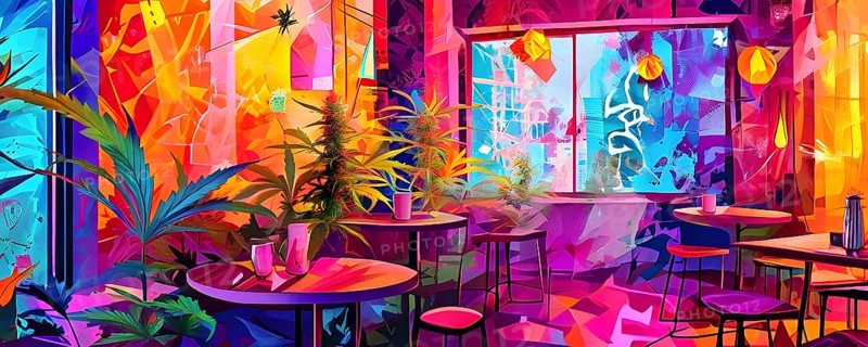 Abstract composition of a cannabis cafe with ambiance bold contrasting colors and playful shapes, AI generated