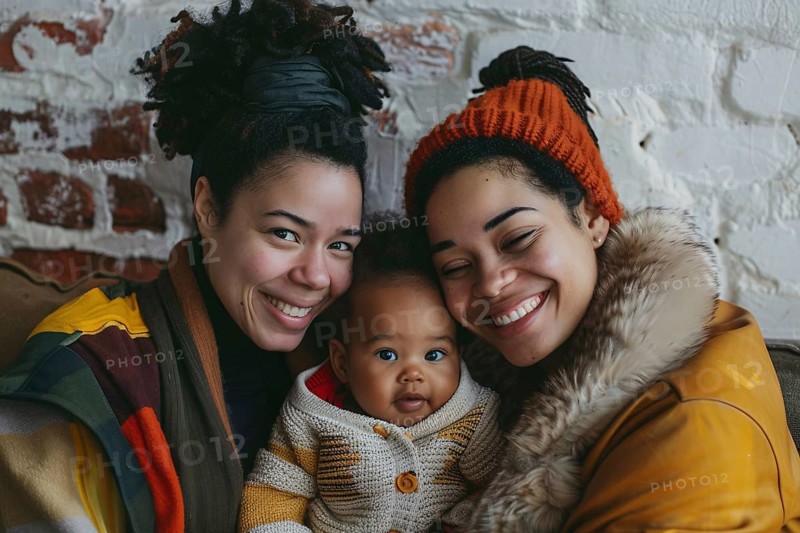 Family portrait of african american female homosexual couple with young child. Generative Ai, AI generated