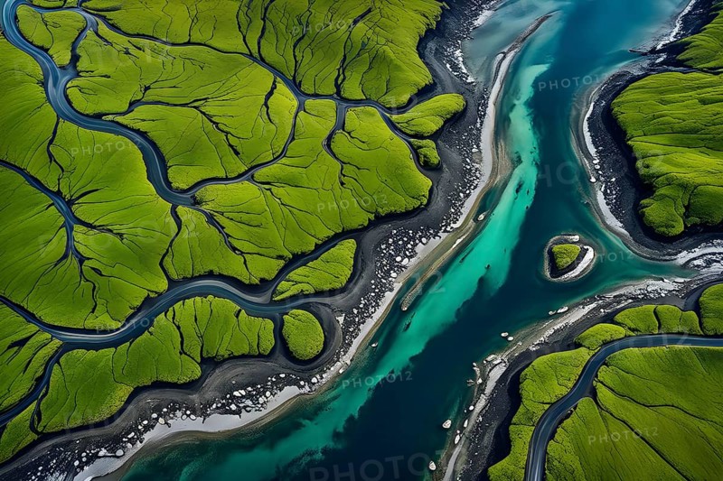 Aerial view perpendicular top down of an abstract colorful river along the coastline, AI generated
