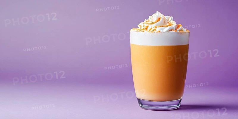 Banner with drinking glass with seasonal pumpkin spice latte on violet background with copy space. Generative Ai, AI generated
