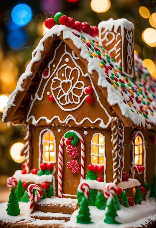 Gingerbread house decorations, focusing on the intricate icing details, colorful candy, and soft, warm light creating a cozy festive ambiance, AI generated