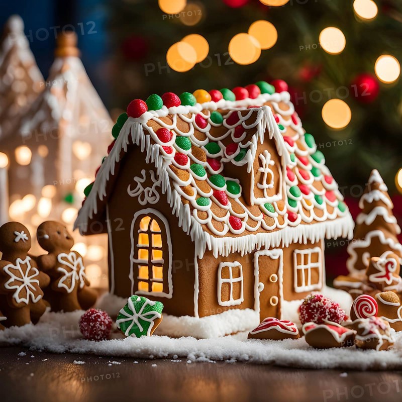 Gingerbread house decorations, focusing on the intricate icing details, colorful candy, and soft, warm light creating a cozy festive ambiance, AI generated