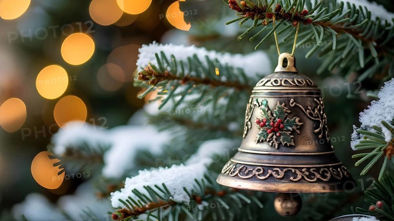 Vintage Christmas bell ornament hanging on a snow-dusted evergreen branch, capturing the intricate metallic details and soft reflections of nearby lights, AI generated