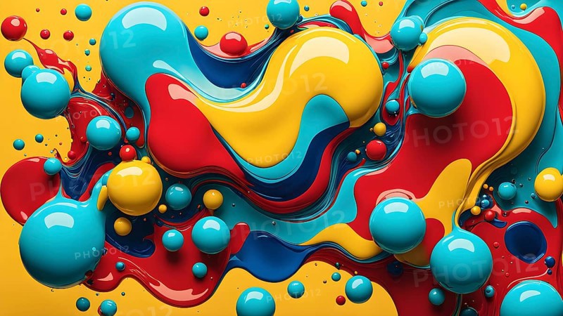 Abstract image with vibrant blue and red blobs and liquid shapes on a yellow background, AI generated