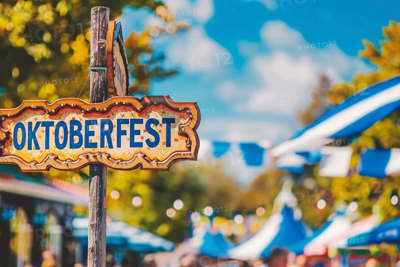 Sign with text 'Oktoberfest' at entry of traditional Bavarian German festival. Generative AI, AI generated