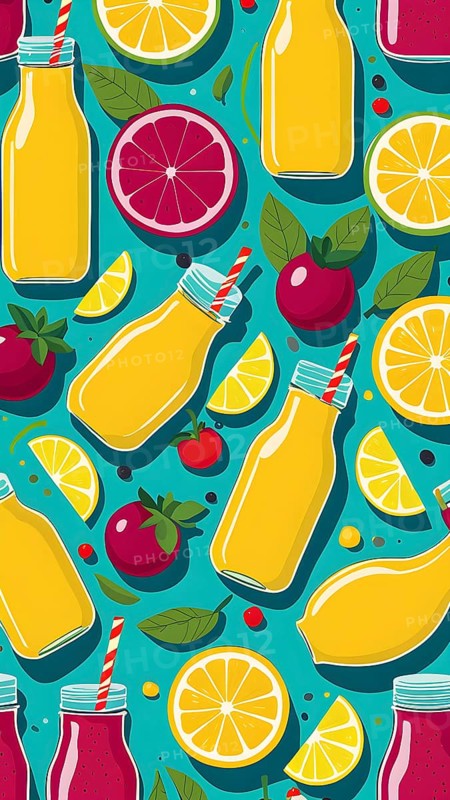 Abstract wallpaper of smoothie surrounded by an assortment of fruits and vegetables, AI generated