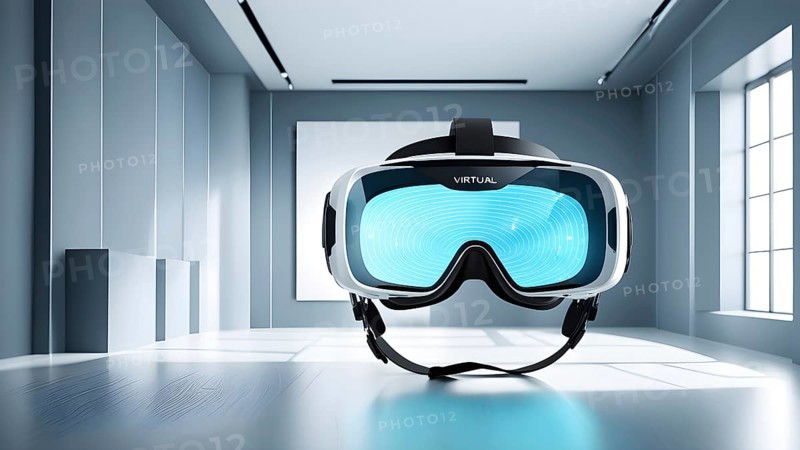 Three dimensional render of virtual reality glasses in a digital room, AI generated