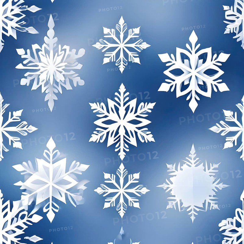 Abstract pattern of snowflakes in varying sizes and shapes in soft white and blue gradients, AI generated