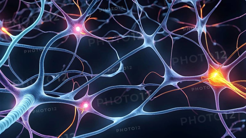 Visualization of neurons firing neurotransmitters in the synaptic gap, AI generated