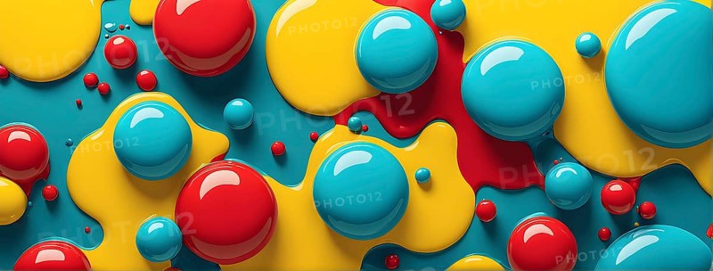 Abstract image with vibrant blue and red blobs and liquid shapes on a yellow background, AI generated
