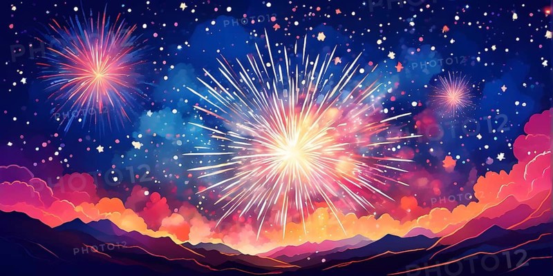 Wallpaper illustration of an explosion of vibrant fireworks colors in a night sky, symbol for happy new year, AI generated