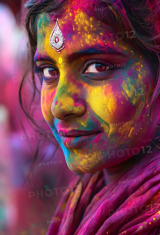 Indian woman colored face portrait during Holi Hindu festival, AI generated