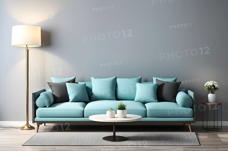 3d rendering of a couch with cushions and a floor lamp, AI generated