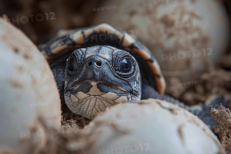 Newly hatched young sea turtle with eggs. Generative Ai, AI generated