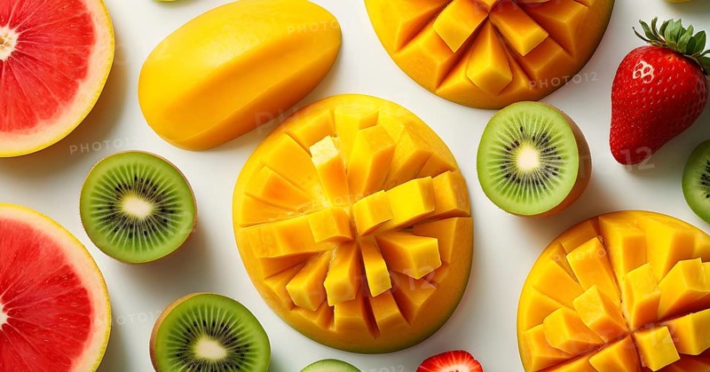 Colorful and artfully arranged slices of fruits like mangoes, strawberries, and kiwi, AI generated