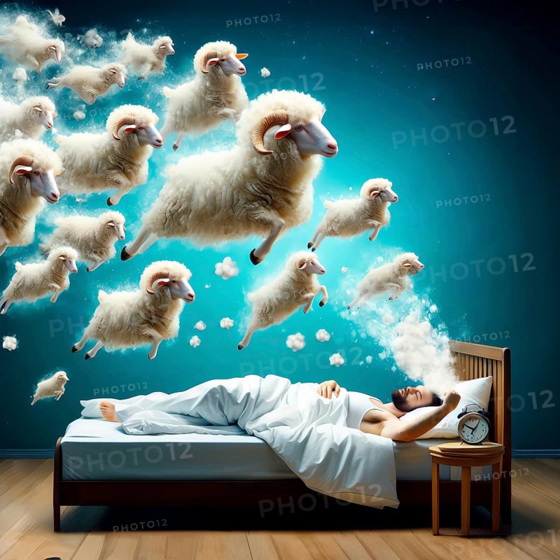 Counting sheep, a man in bed counts sheep in his head to fall asleep better, AI generated, AI generated