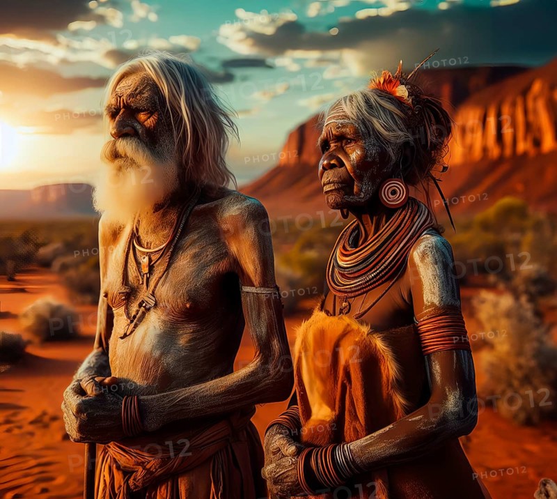 An old man and an old woman of the Aborigine, the indigenous Australian natives, in the desert in front of Ayers Rock, Uluru, AI generated, AI generated