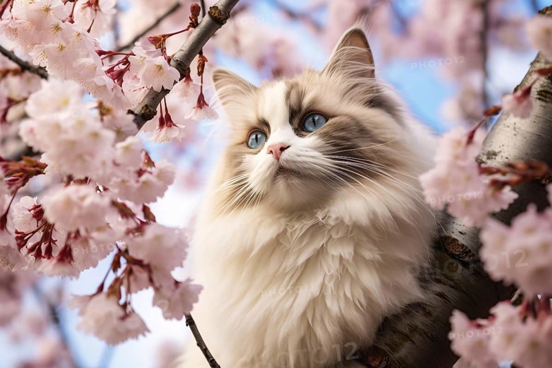 Ragdoll cat sitting in tree with pink spring flowers. KI generiert, generiert AI generated