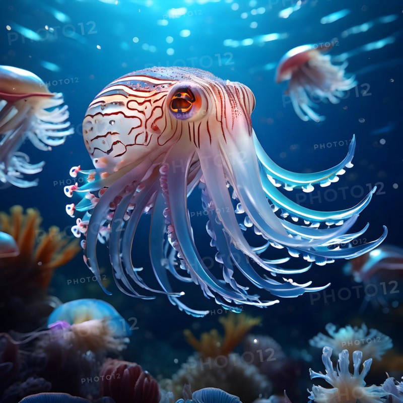 Hypnotizing cuttlefish amidst an undulating sea, AI generated