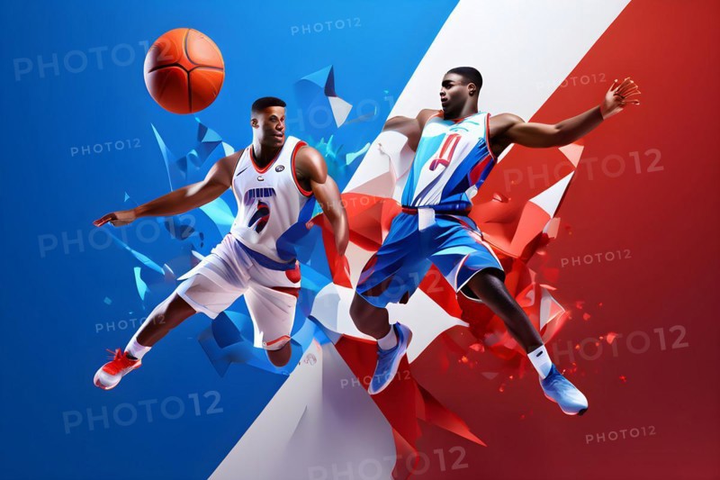 Abstract digital render of olympic basketball players morphing into fluid shapes of french tricolor blue red and white, AI generated, Paris, Paris, Olympic Games