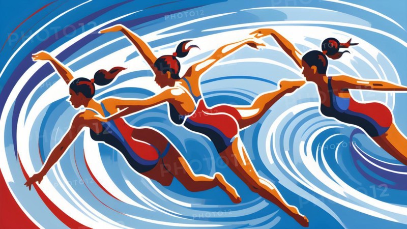 Abstract digital render of olympic synchron swimmers morphing into fluid shapes in french tricolor blue red and white, AI generated, Paris, Paris, Olympic Games