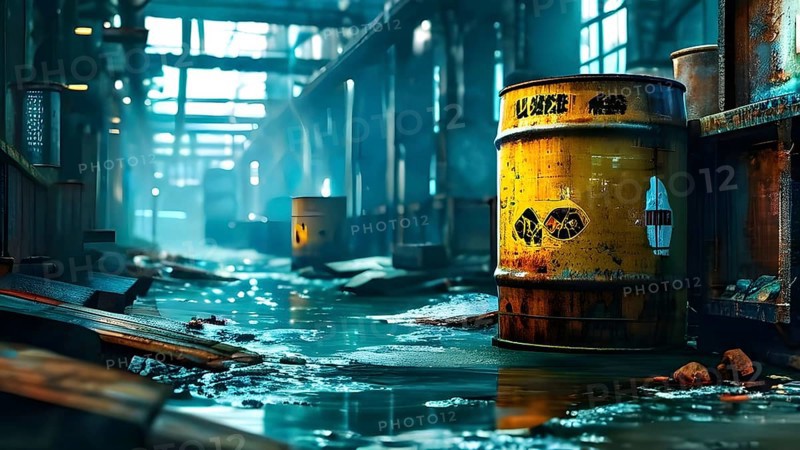 Representation of illegal nuclear waste barrel leaking radioactive material, AI generated