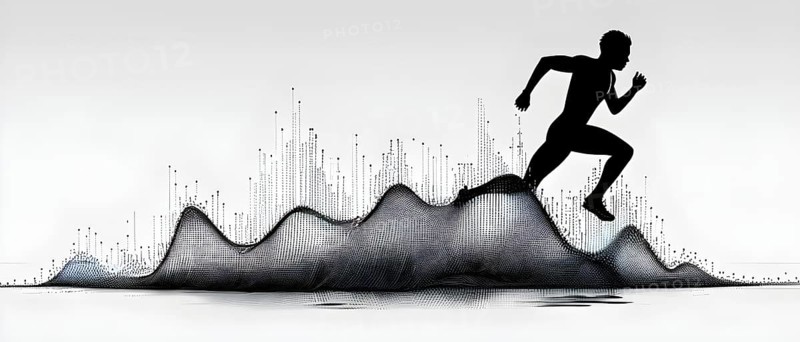 Wave of data points shaping into a runners silhouette, abstract illustration in black and white, conveying speed and precision guided by AI, AI generated