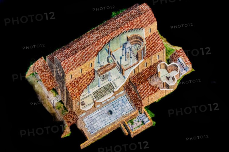 Reconstruction drawing, archaeological excavations from early Christian and Roman times, Basilica Paleocristiana under the cathedral Concordia Sagittaria, medieval old town, Veneto, Friuli, Italy, Concordia Sagittaria, Veneto, Italy, Europe