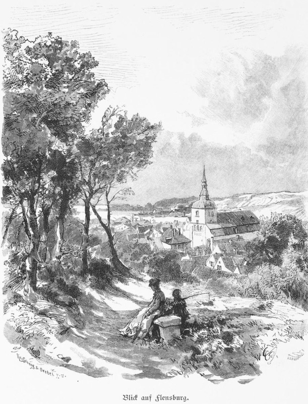 View from the western height to Flensburg, Schleswig-Holstein, townscape, church, sandy path, woman, child, resting, fjord, group of trees, Germany, historical illustration 1880, Europe