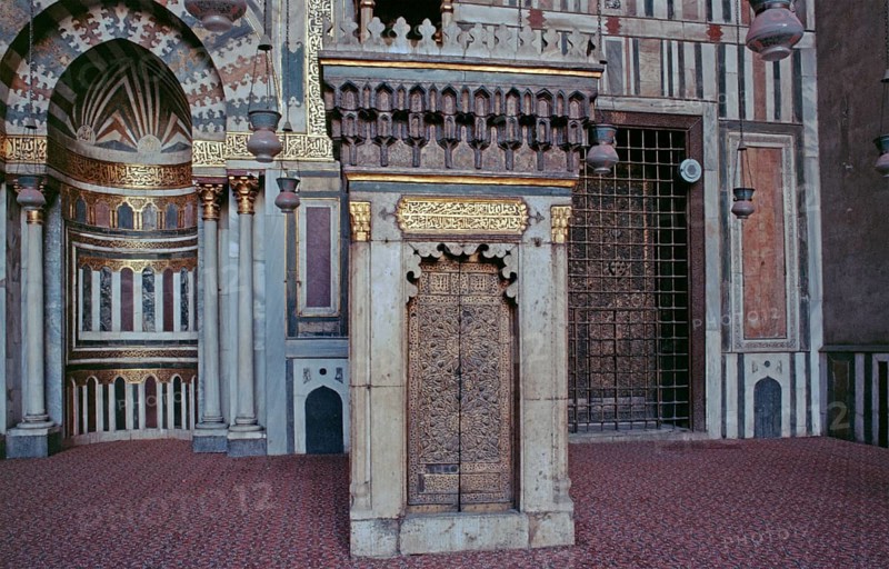 Interior photo, bronze-hinged door made of cedar wood, Sultan Hasan Mosque, Cairo, Egypt, September 1989, vintage, retro, old, historic, Africa